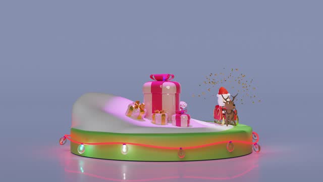 3d musical box with reindeer, Santa Claus, sleigh, gift box, snowman, snow hill, glass transparent lamp garlands. merry christmas and happy new year