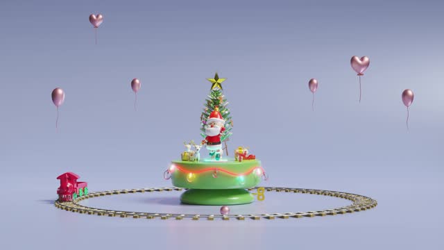 3d musical box with santa claus dance, snowman, deer, gift box, glass transparent lamp garlands, locomotive, railroad. merry christmas and happy new year