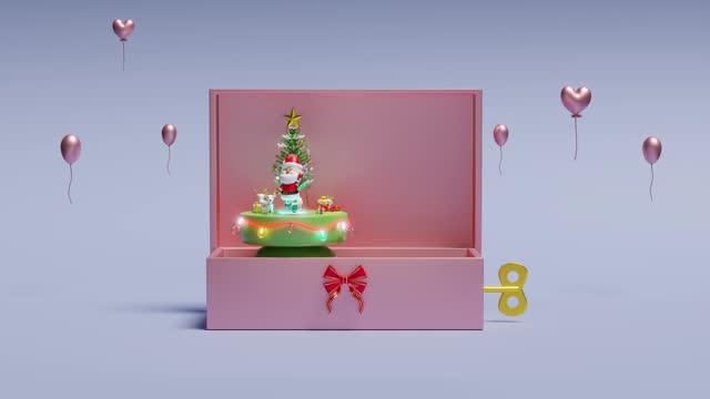 3d musical box with santa claus dance, snowman, deer, gift box, glass transparent lamp garlands. merry christmas and happy new year