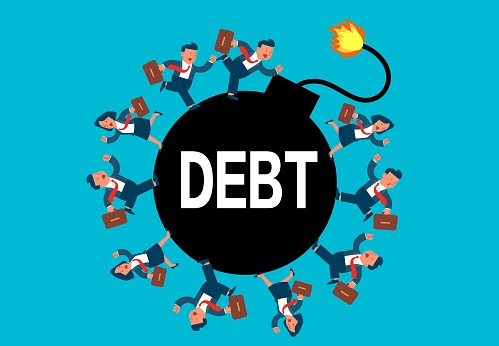 Debt problems or debt crisis, financial loan problems, paying off debt or taxes, repayment deadlines, overloaded debt or financial outgoings, a group of businessmen running non-stop around a debt bomb