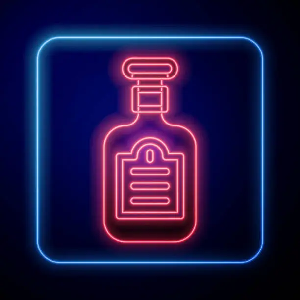 Vector illustration of Glowing neon Sauce bottle icon isolated on blue background. Ketchup, mustard and mayonnaise bottles with sauce for fast food. Vector