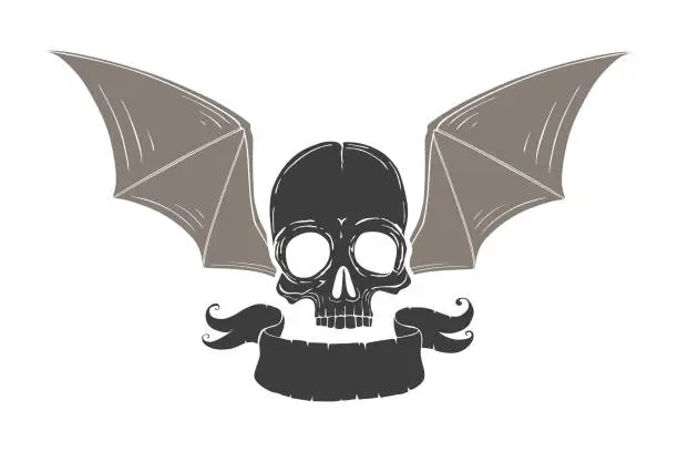 Vector illustration of Monochrome Skull with Bat Wings. Vector illustration, tattoo sketch, emblem