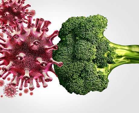 Food As Medicine as antioxidants and Phytonutrients in medicinal foods as Health prevention benefits of eating natural vegetables and fruit as an immune-boosting broccoli stopping a group of virus cells helping the immune system.