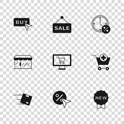 Set Discount percent tag Add to Shopping cart Price with New on monitor Clock and discount Buy button Hanging sign text Sale and Market store icon. Vector.