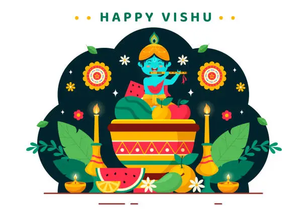Vector illustration of Happy Vishu Festival Vector Illustration with Krishna,Traditional Kerala Kani, Fruits and Vegetables in National Holiday Flat Cartoon Background