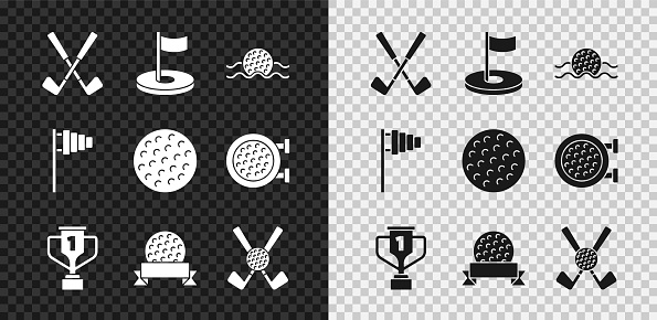 Set Crossed golf club Golf hole with flag ball in water Award cup and icon. Vector.