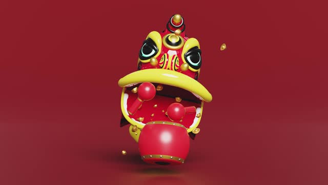 3d lion dance head with chinese drum, sticks, gold ingot for festive chinese new year holiday. 3d render illustration