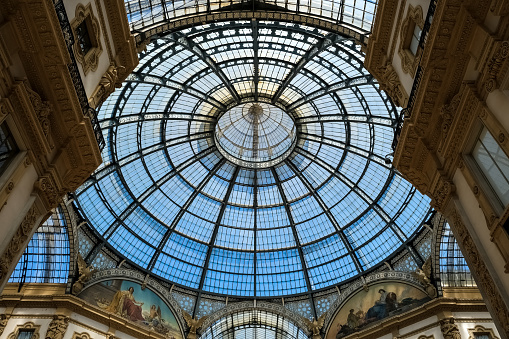 Architectural detail of the Galleria Vittorio Emanuele II in the city of Milan, Italy's oldest active shopping gallery and a major landmark, located at the Piazza del Duomo  (Cathedral Square)