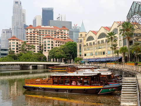 Boats moored at Boat Quay, Singapore