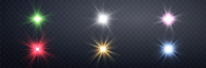 Different colors sunlight lens flare, sun flash with rays and spotlight. Glowing burst explosion on a transparent background. Vector illustration.