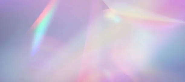 Vector illustration of Blurred rainbow refraction overlay effect. Light lens prism effect on transparent background. Holographic reflection, crystal flare leak shadow overlay. Vector abstract illustration.