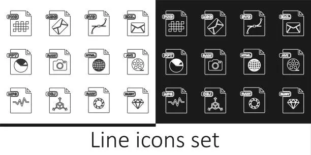 Vector illustration of Set line RUBY file document, AVI, SVG, RAW, PPT, PNG, HTML and MSG icon. Vector