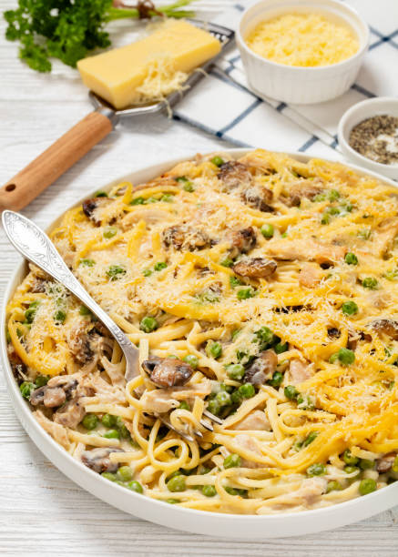 istock baked chicken tetrazzini in baking dish, top view 1926477952