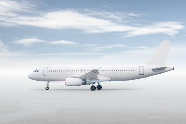 istock White passenger jet plane isolated on bright background with sky 1926503948