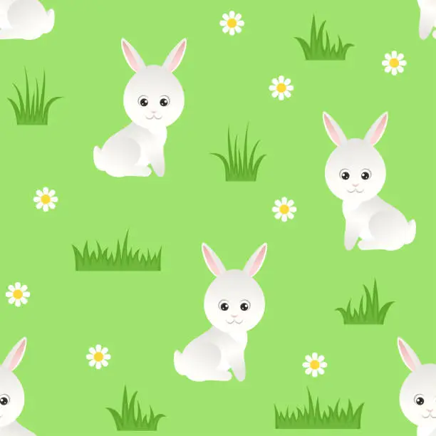 Vector illustration of White cute hare in a green meadow. Seamless pattern with funny cartoon rabbits, grass and flower daisy. Vector illustration of bunny. Kids style.