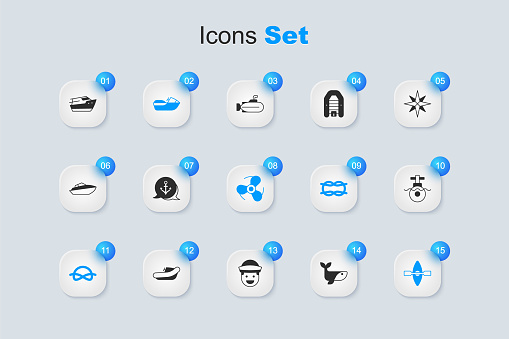 Set Whale Anchor Jet ski Nautical rope knots Kayak and paddle Submarine Speedboat and Boat propeller icon. Vector.