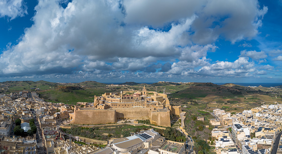 Victoria, Malta - 20 December, 2023: drone view of the Cittadella fortress in Victoria on Gozo Island in Malta