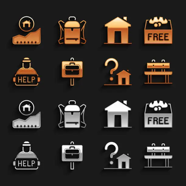 Vector illustration of Set Work search, Donation food, Bench, House with question mark, Help homeless, Real estate, Rising cost of housing and Hiking backpack icon. Vector