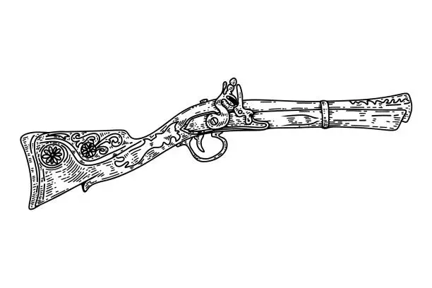 Vector illustration of Hand drawn illustration of an old gun, mushket. Vector illustration