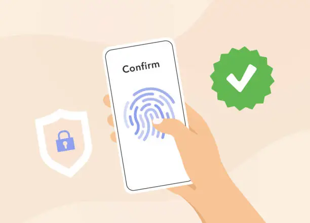 Vector illustration of Secure mobile transactions with biometric payment solutions. M-commerce contactless transactions using fingerprint authentication for e-commerce payments on mobile phones. Flat vector illustration