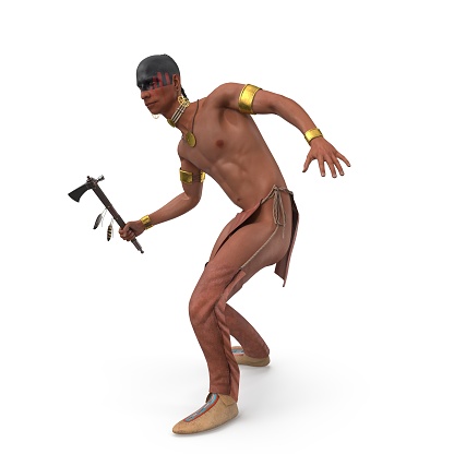 Native American Iroquois Holding a Tomahawk. Has a war paint. 3D rendering.