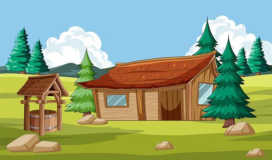 Vector illustration of a wooden cabin among trees