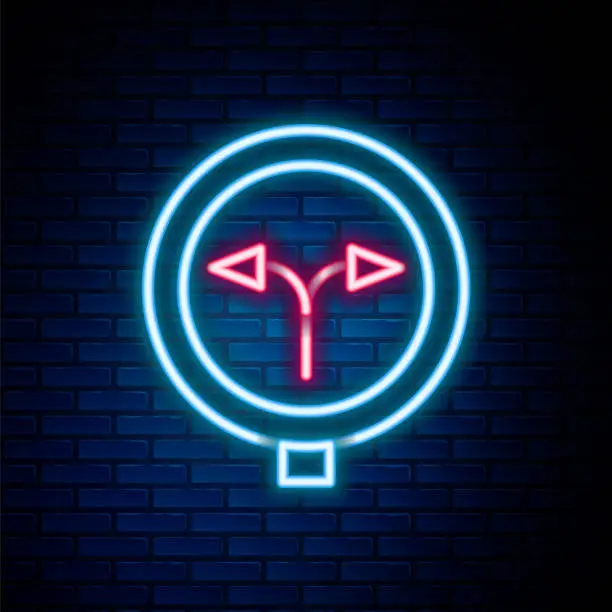 Vector illustration of Glowing neon line Fork in the road icon isolated on brick wall background. Colorful outline concept. Vector