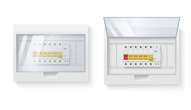 Fuse box electrical power switch control panel with open and closed door set realistic vector Fuse box electrical power switch control panel with open and closed door set realistic vector illustration. Electricity distribution dashboard energy circuit technician industrial shield voltage board key package stock illustrations