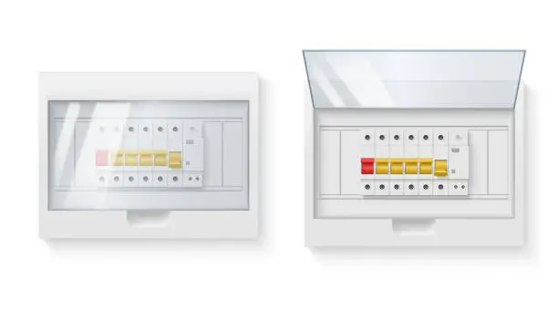 Vector illustration of Fuse box electrical power switch control panel with open and closed door set realistic vector