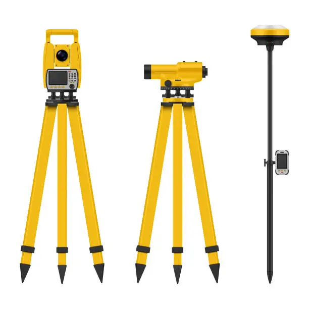 Vector illustration of Geodetic optical measuring professional device for industrial construction set realistic vector