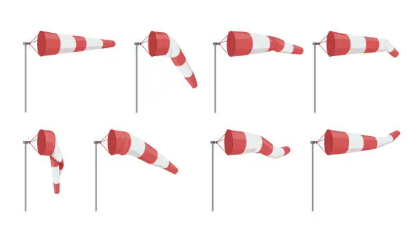 Vector illustration of Windsock wind speed and direction chart red striped weather flag on stick set isometric vector