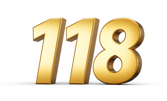 3d number 118 one hundred eighteen Gold text isolated on white background with reflection 3d illustration