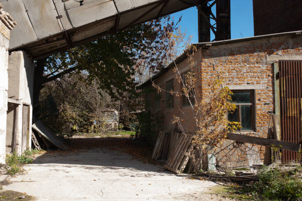 Abandoned industrial dilapidated buildings. Old mine.