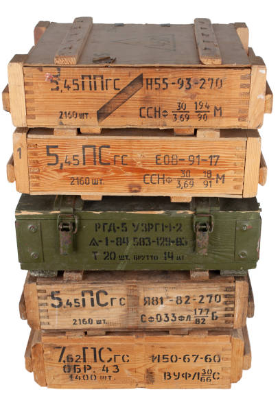 istock Army ammunition stack of wooden crates. Text in russian - type of ammunition, projectile caliber, projectile type, number of pieces and weight. 1926673412