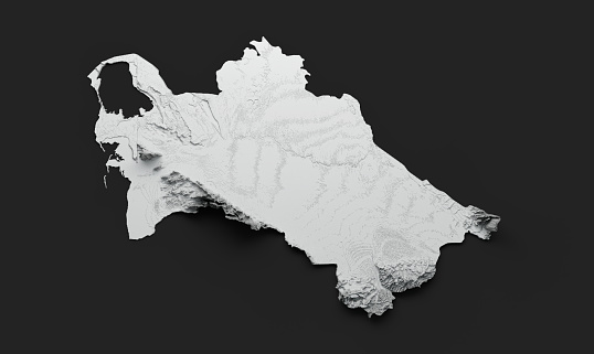 Turkmenistan Map Flag Shaded Relief Color Height Map On Black Background 3d Illustration\nSource Map Data: tangrams.github.io/heightmapper/,\nSoftware Cinema 4d