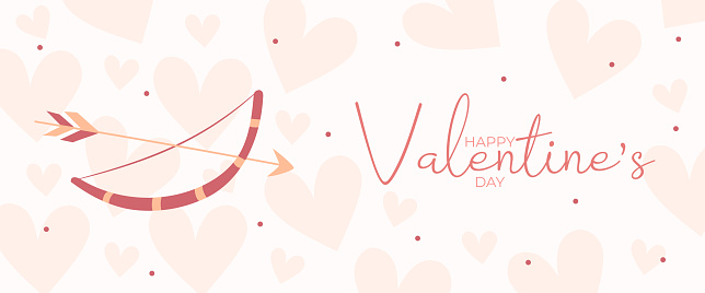 Single hand draw banner with bow and arrow hearts for Valentine's day. Happy Valentine's day and button read more. Peach fuzz, red, brow and pink colors.Cartoon style. Web vector illustration