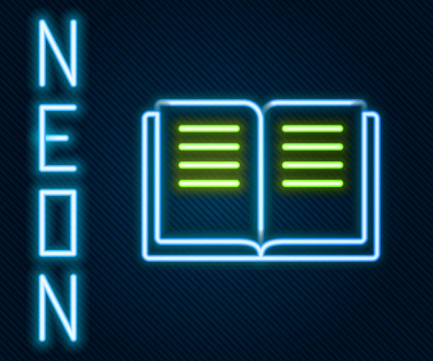 istock Glowing neon line Ancient magic book with alchemy recipes and mystic spells and enchantments icon isolated on black background. Colorful outline concept. Vector 1926699887