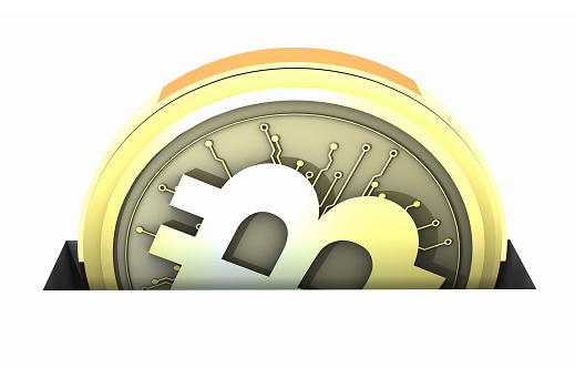 Bitcoin entering the coin piggy bank. / You can see the animation movie of this image from my iStock video portfolio. Video number: 1919787421