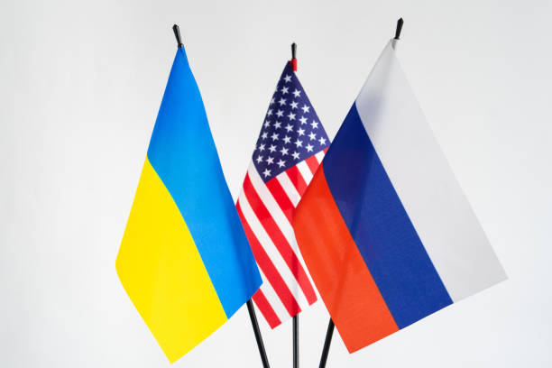 istock Ukrainian, American, and Russian Flags 1926719393