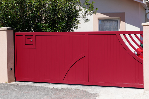 red entrance portal facade design home metal aluminum gate of modern house