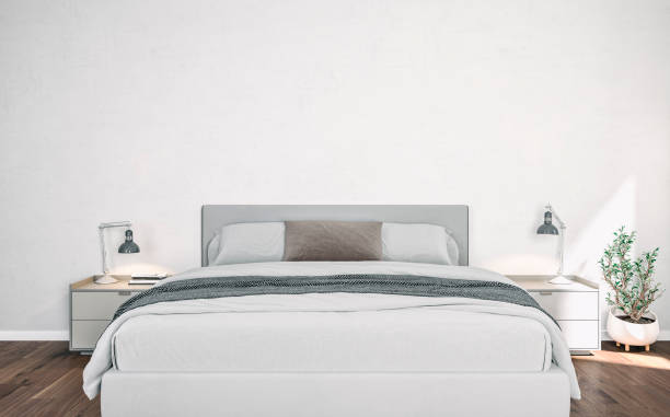 Front view of a bedroom with a double bed and decoration