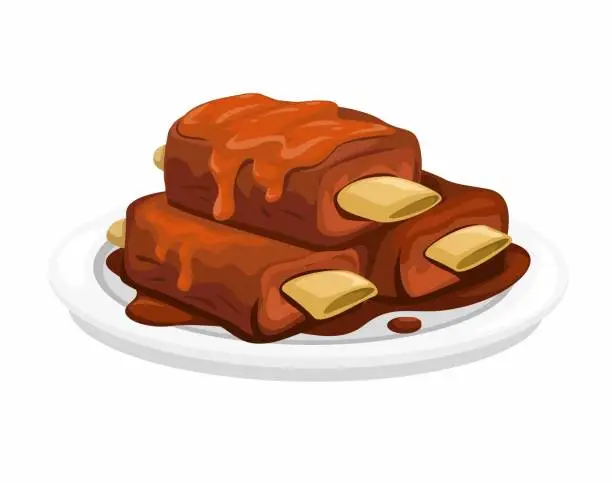 Vector illustration of Grilled Beef Ribs On Plate Food Restaurant Menu Cartoon illustration Vector