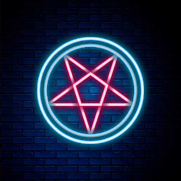 istock Glowing neon line Pentagram in a circle icon isolated on brick wall background. Magic occult star symbol. Colorful outline concept. Vector 1926731849