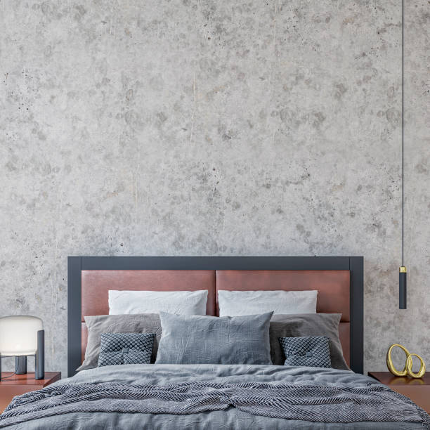 Front view of a luxury bedroom with  leather double bed and decoration