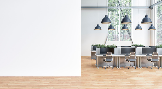 Semi-empty office interior with a large blank white wall with copy space on the hardwood floor. Work desks with chairs and computer equipment, potted plants on top of the desks, black pendant lights, and windows with a garden view in the background. 3D rendered image.