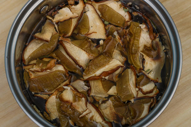 Soak dried bay boletes and boletes in cold water close up