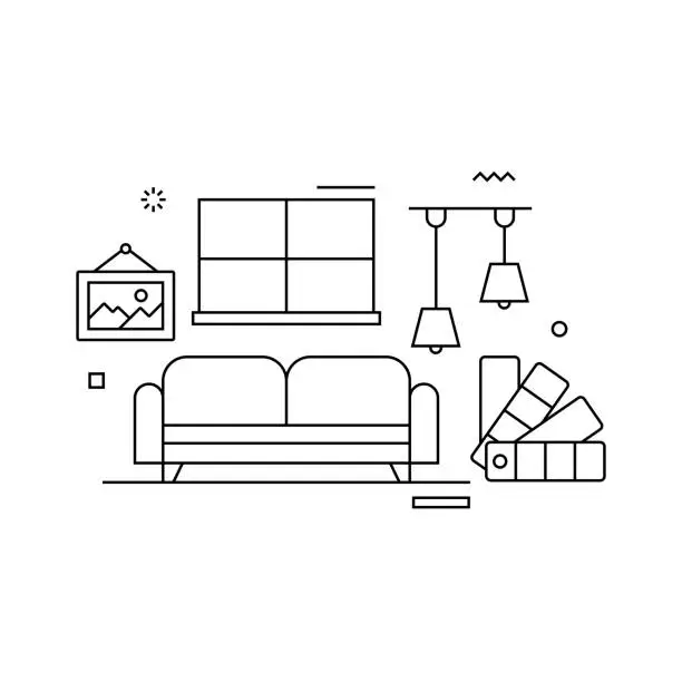 Vector illustration of Interior Design Related Design with Line Icons. Simple Outline Symbol Icons. Architecture, Trendy, Decoration, Furniture.