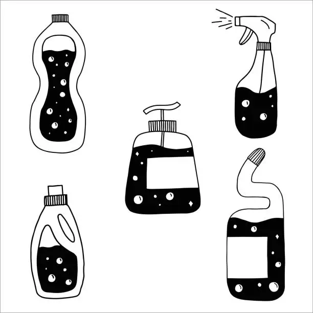 Vector illustration of Set of detergents. Doodle