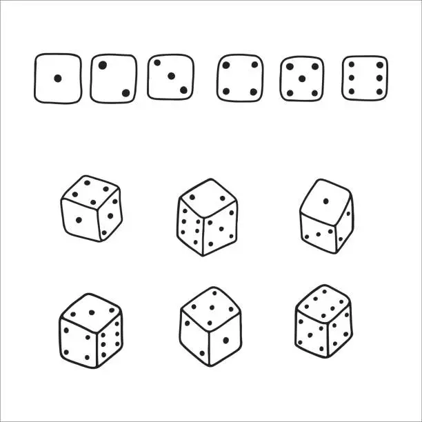 Vector illustration of Dice. Set of doodle cubes. Vector illustration