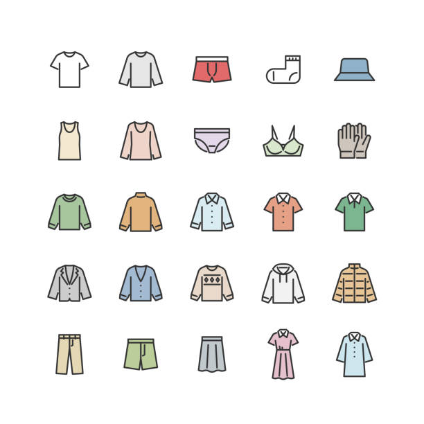 набор цветных иконок различных предметов одежды. - polo shirt multi colored clothing variation stock illustrations